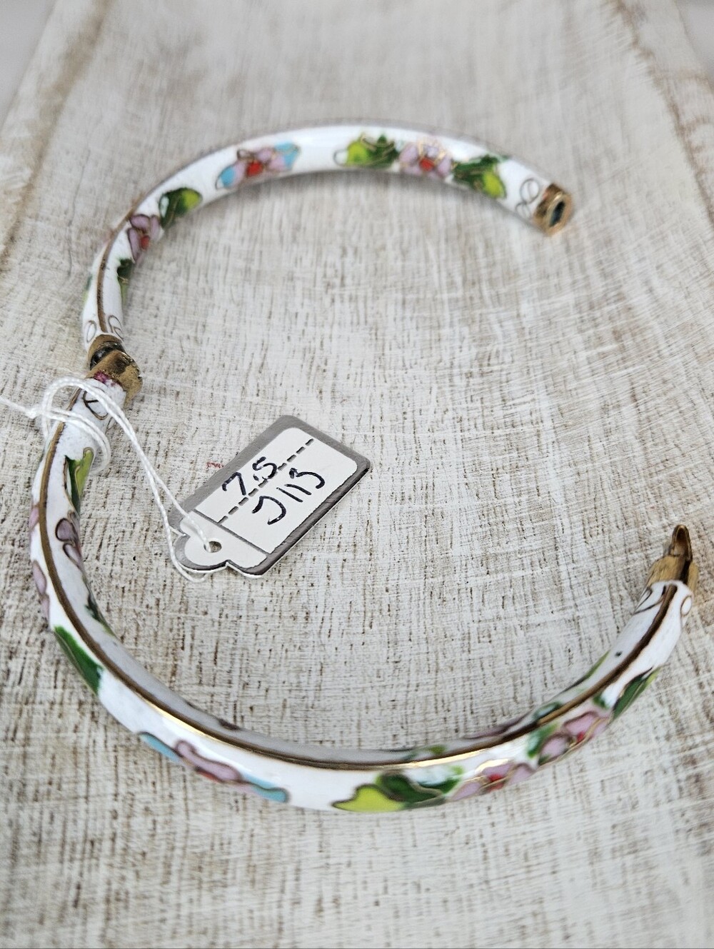 Vintage White Cloisonne Enamel Floral Bangle Bracelet Hinged Gold Clamper - Picture 10 of 12